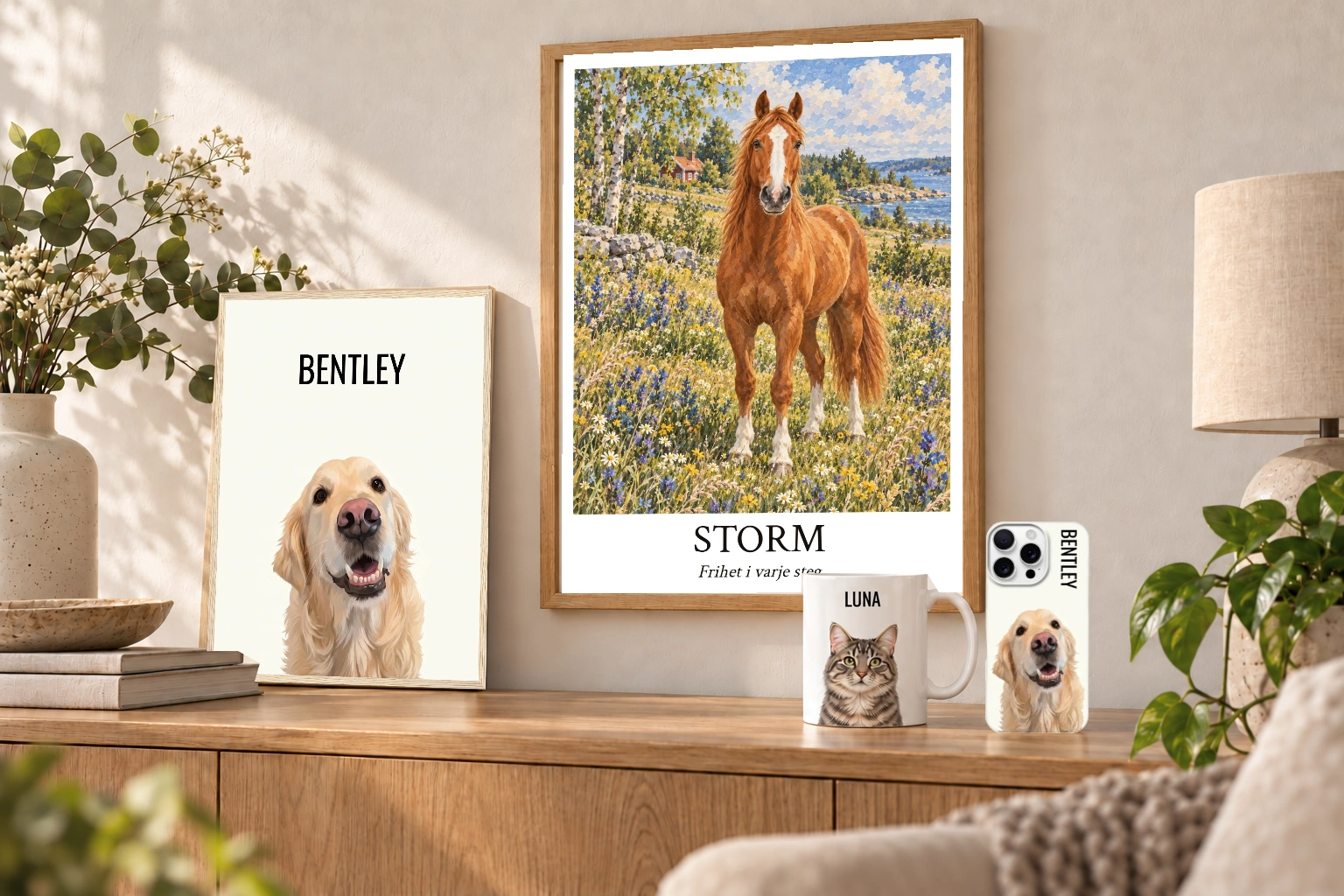 Dog and horse portraits, cat mug and phone case in a Scandinavian home