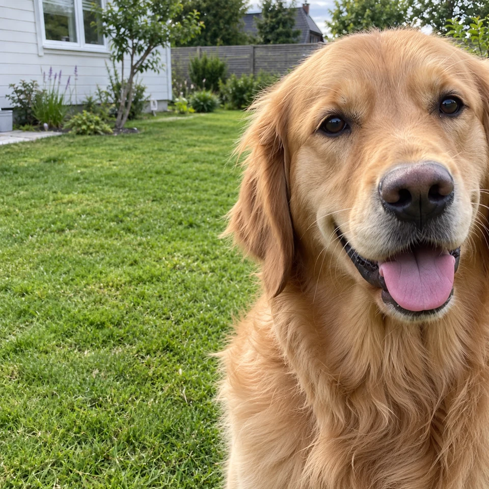Golden retriever i en för tät närbild där kroppen och tassarna inte syns.