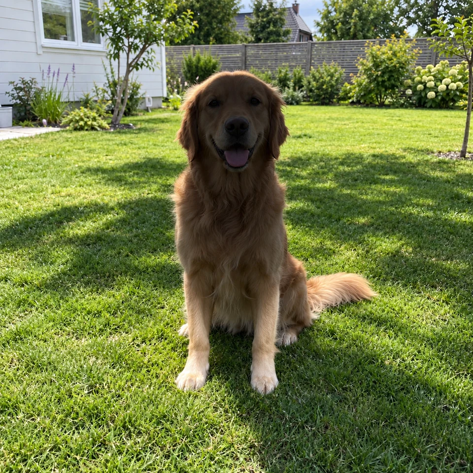 Golden retriever med mörka skuggor över ansiktet och kroppen.