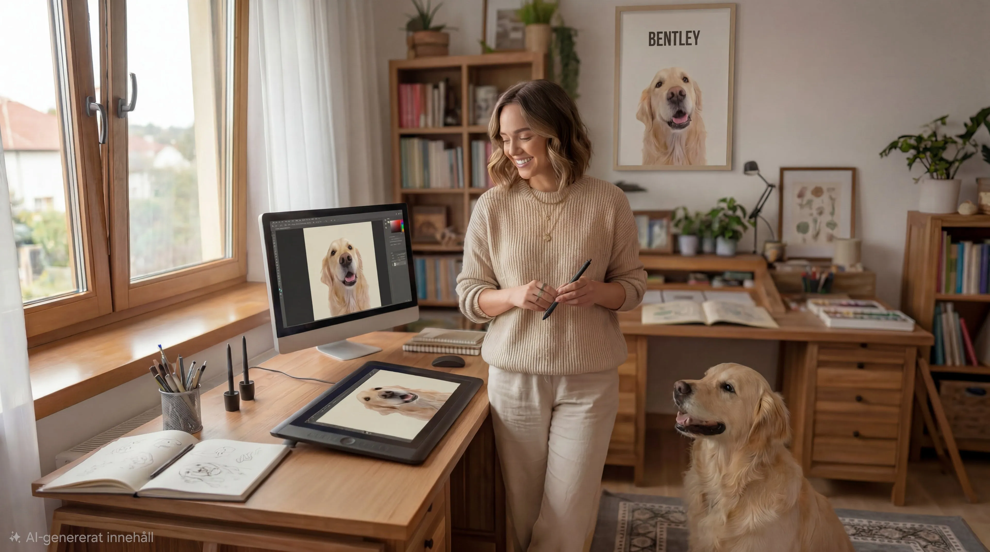Kvinna i ett hemmakontor med digital konst, med en golden retriever (Bentley) sittande på golvet och sitt porträtt i bakgrunden