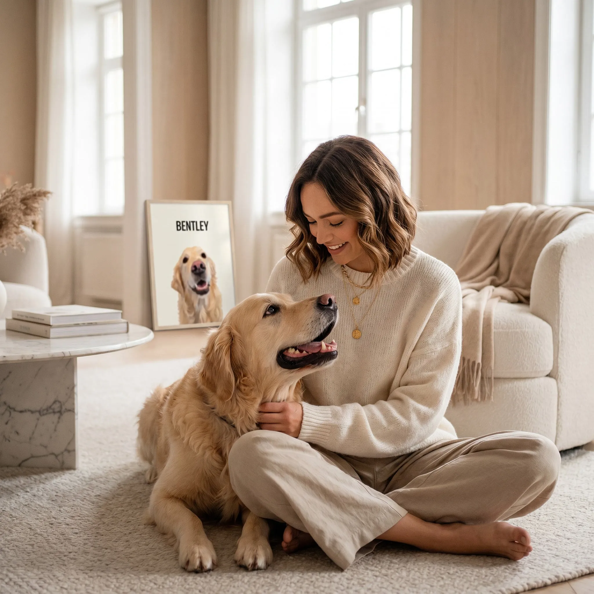 Kvinna (Emma) som sitter på golvet med en golden retriever (Bentley) i ett mysigt vardagsrum.